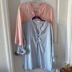 Dash Peach or Blue  and White Striped Blouse Front Lace up Cotton SZ L